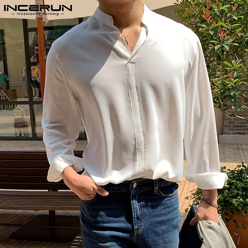 INCERUN 2018 새로운 일본 스타일 멋진 남자 Camisa 느슨한 스탠드 업 칼라 솔리드 편안한 컬러 긴 소매 셔츠 S-3XL